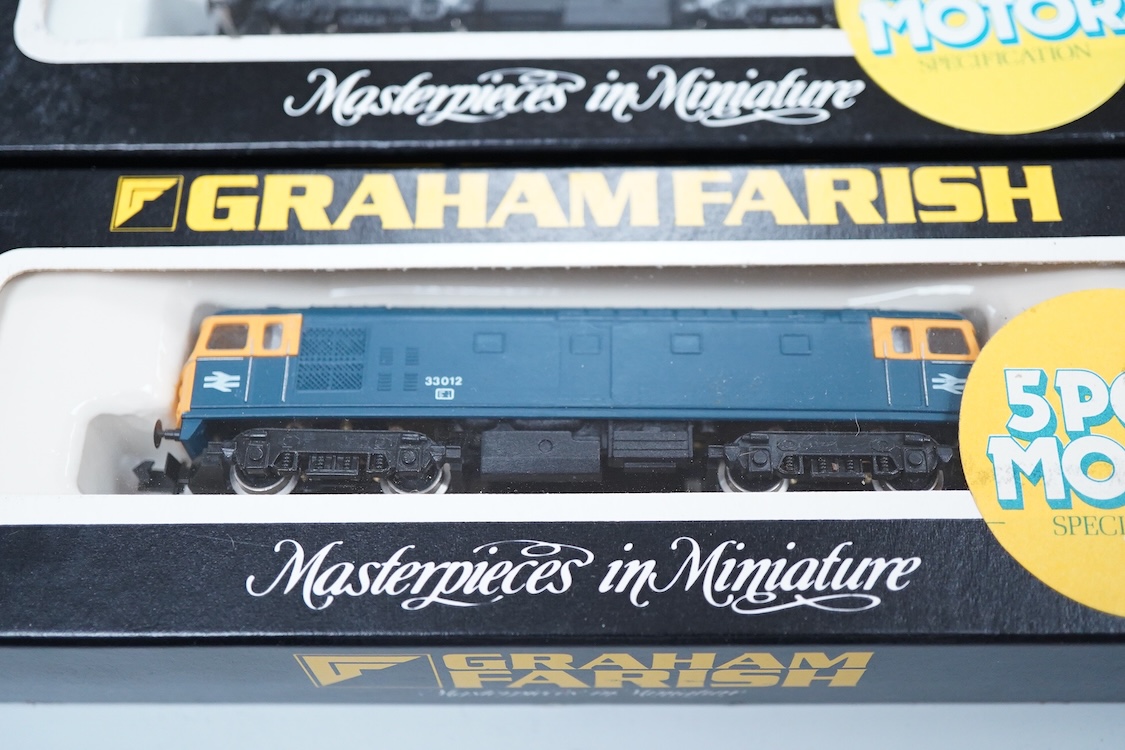 Four boxed Graham Farish N gauge railway diesel locomotives; a BR class 33, D6525 (FA83111), a BR class 33, 33012 (8315), a BR class 33, 33 056 (8316) and a BR class 37, 37 906 (8038).